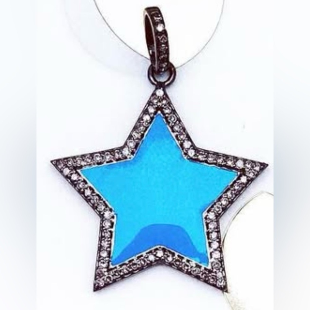 Blue Enamel and Pave Diamond Sterling Silver Star Pendant